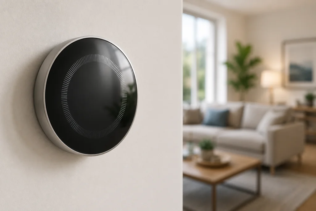 Google Nest Learning Thermostat (4th Generation) mounted on a wall in a modern living room with a softly blurred background.
