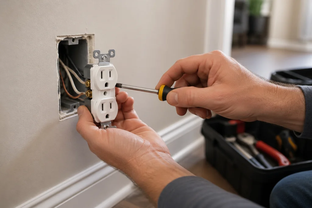 Hands using a screwdriver to repair a wall electrical outlet with exposed wiring during a DIY home fix