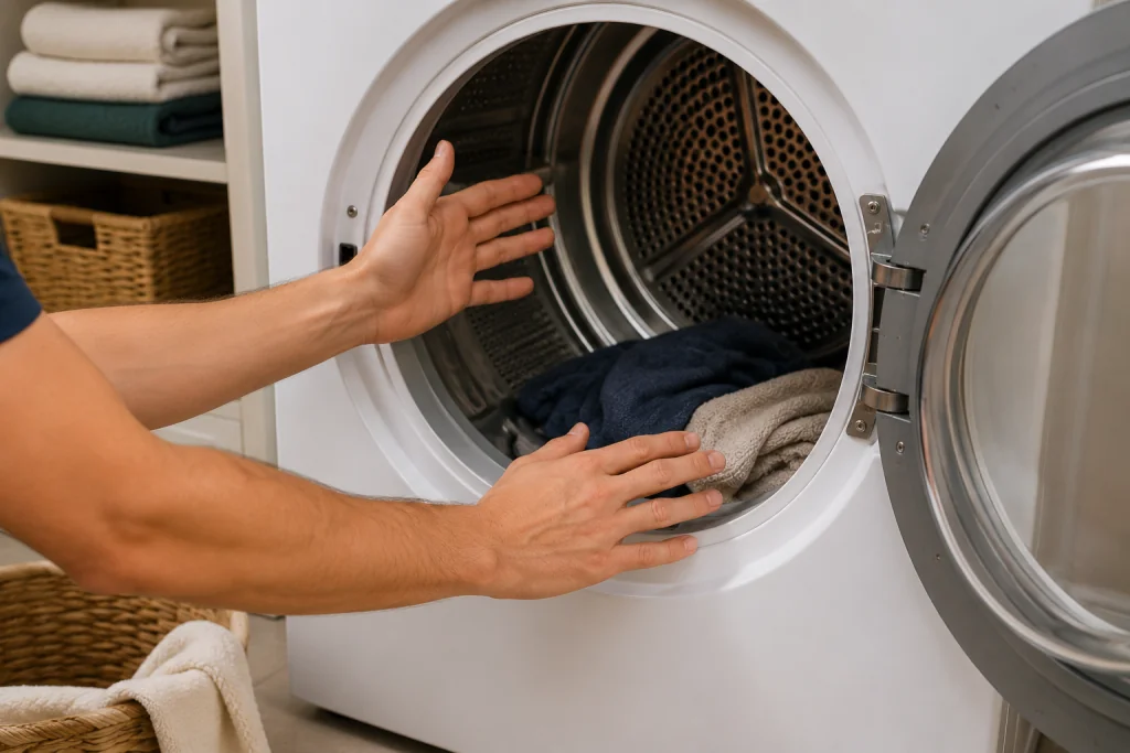 Homeowner checking airflow inside front-loading dryer drum in organized laundry room to improve drying efficiency and performance
