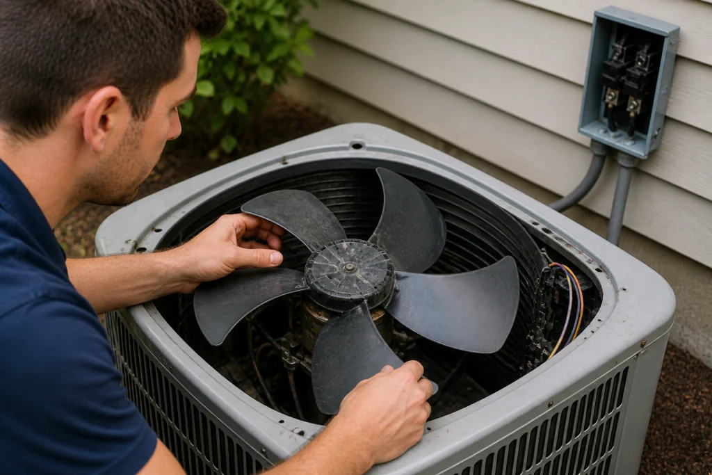 Inspecting AC condenser fan blades after turning off power to diagnose fan not spinning