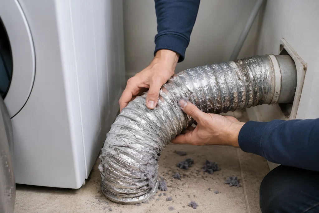 Homeowner inspecting a flexible dryer vent hose behind a clothes dryer, checking for kinks, lint buildup, and airflow restrictions that can cause an LG Dryer D90 error.