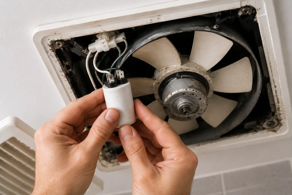 Close-up of a homeowner inspecting a bathroom exhaust fan capacitor connected to the motor assembly, checking for damage, bulging, leaks, or loose electrical connections.