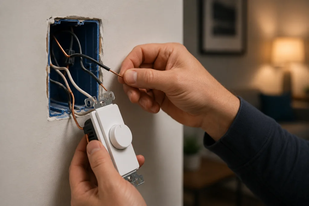Electrician inspecting wire connections inside a wall switch electrical box, checking for loose wiring during dimmer switch troubleshooting.
