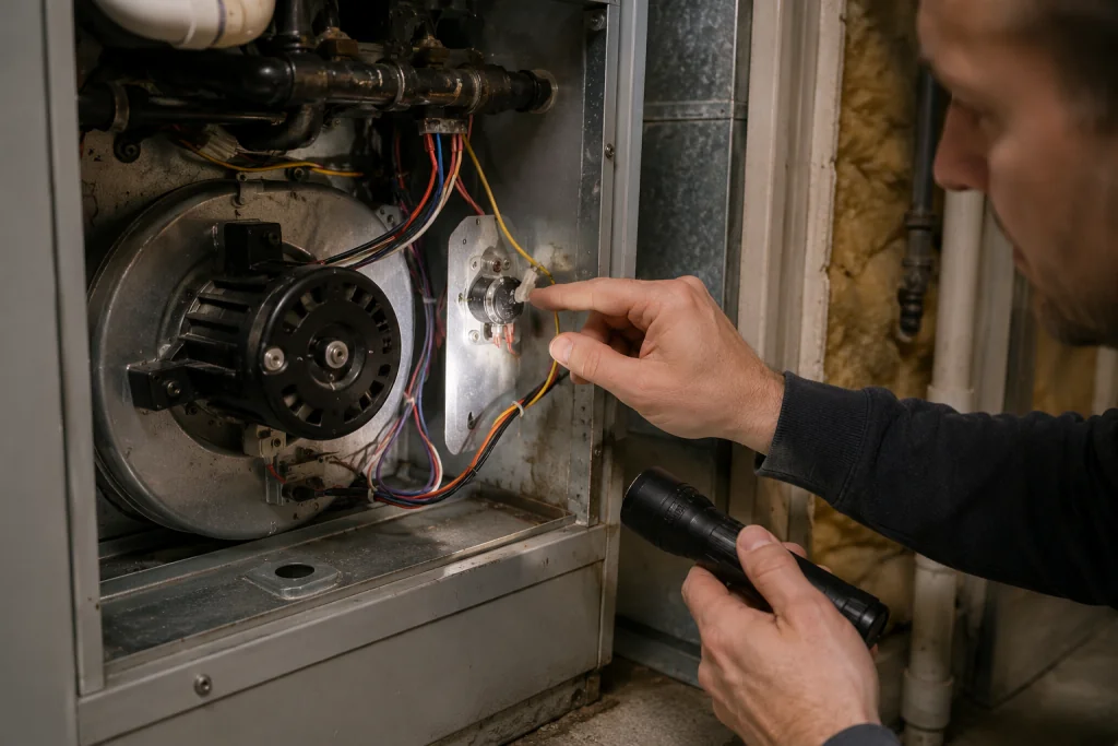 Homeowner inspecting the furnace limit switch and internal HVAC components inside a residential heating system to troubleshoot continuous blower operation