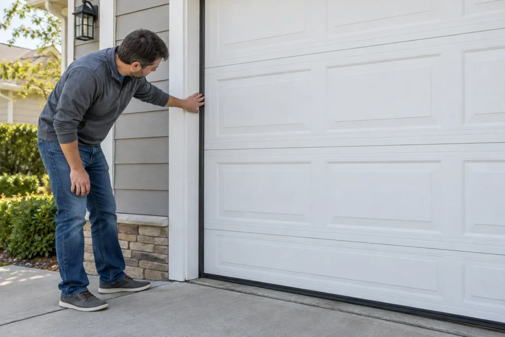 
Homeowner inspecting residential garage door panels and seals during exterior home maintenance
