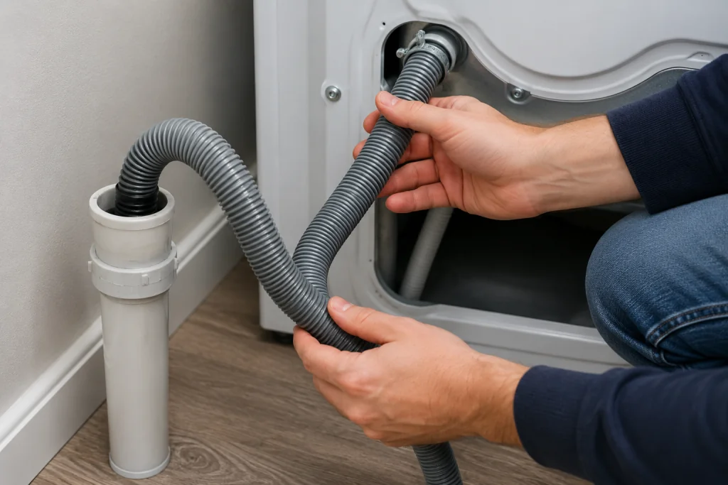 Person inspecting the drain hose behind a washing machine while troubleshooting a GE washer not draining properly.