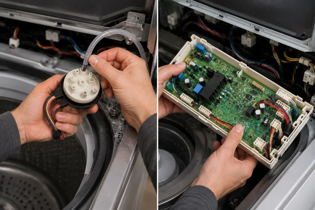 Technician inspecting the pressure switch wiring and electronic control board inside a top-loading Maytag Washer Stuck on Sensing Cycle