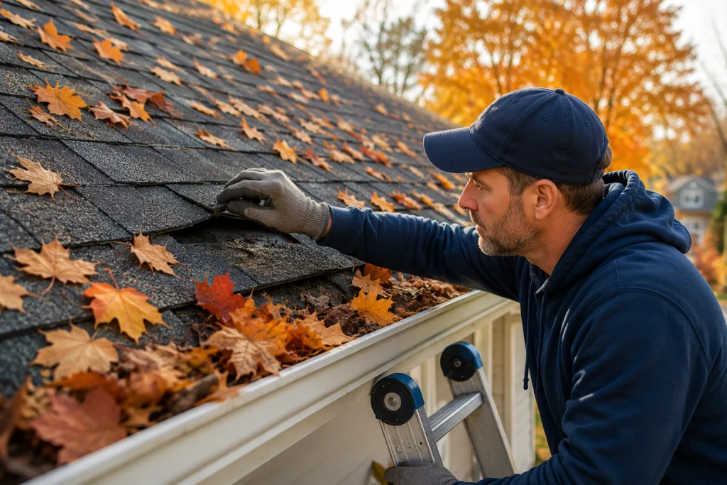 Inspecting roof shingles for damage and loose sections during fall home maintenance before winter weather arrives