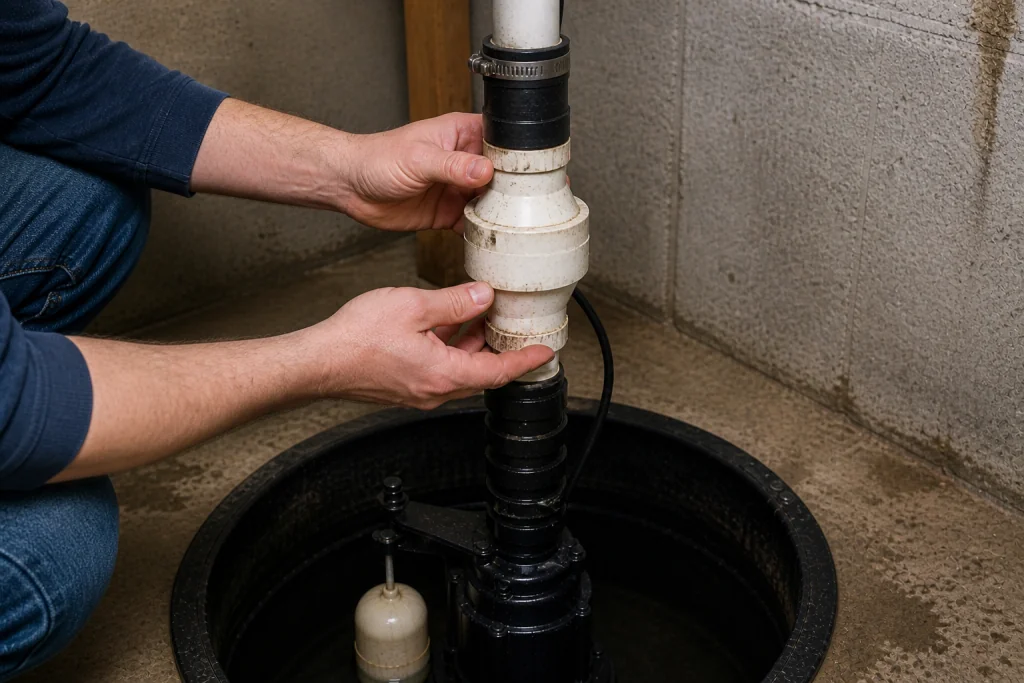 Homeowner inspecting the check valve on a basement sump pump discharge pipe during sump pump troubleshooting
