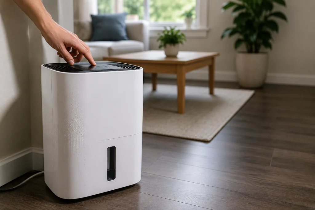 Portable dehumidifier running inside a residential living room to reduce indoor humidity and help prevent HVAC vent condensation