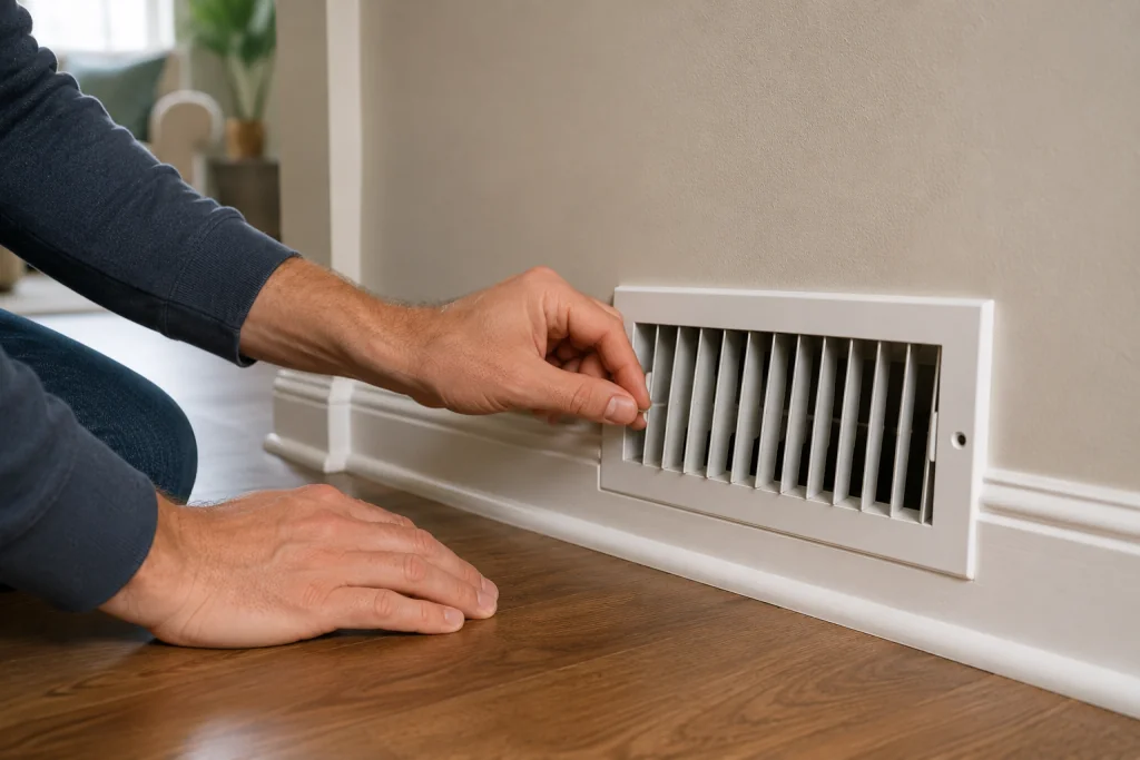 Homeowner opening a residential HVAC floor vent to improve airflow and help stop a furnace blower from running constantly