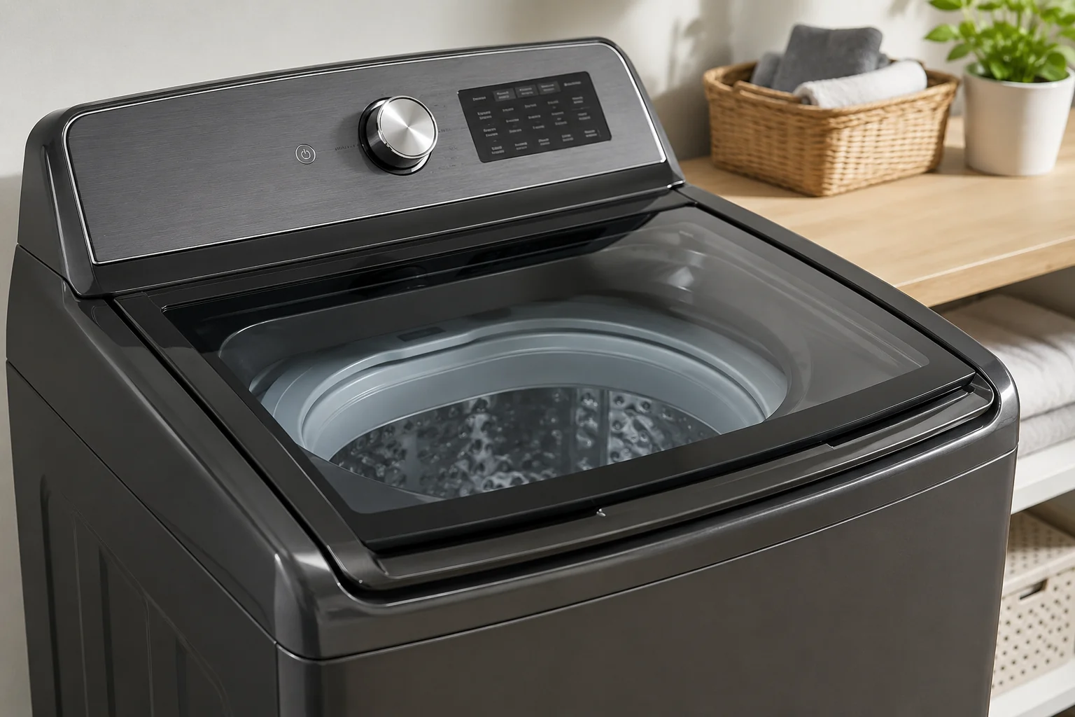 Top-loading Maytag washing machine stuck on sensing cycle in a modern laundry room with open lid and laundry basket nearby