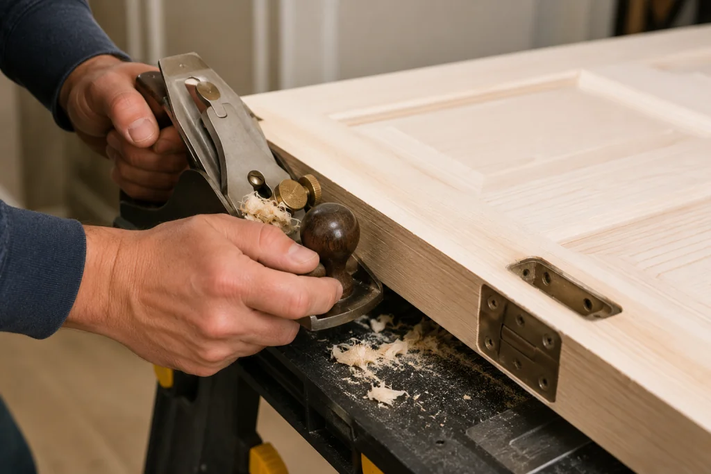 Using a hand plane to shave a swollen wooden door edge for a smoother fit and proper door clearance.