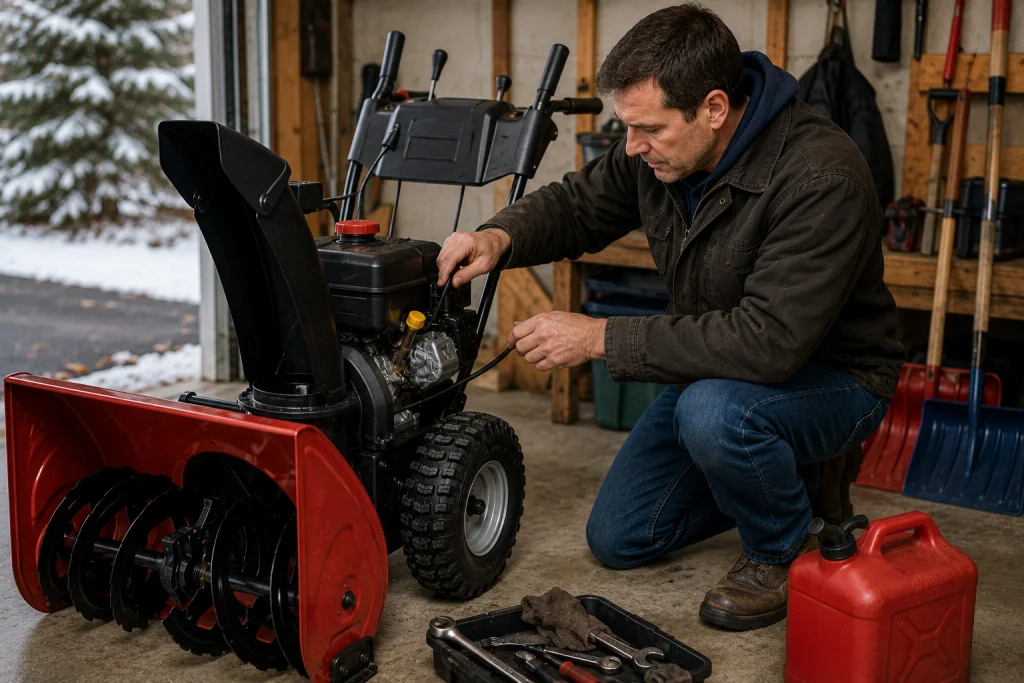 Preparing snow blower, shovel, and winter snow removal equipment in garage before first snowfall during fall home maintenance