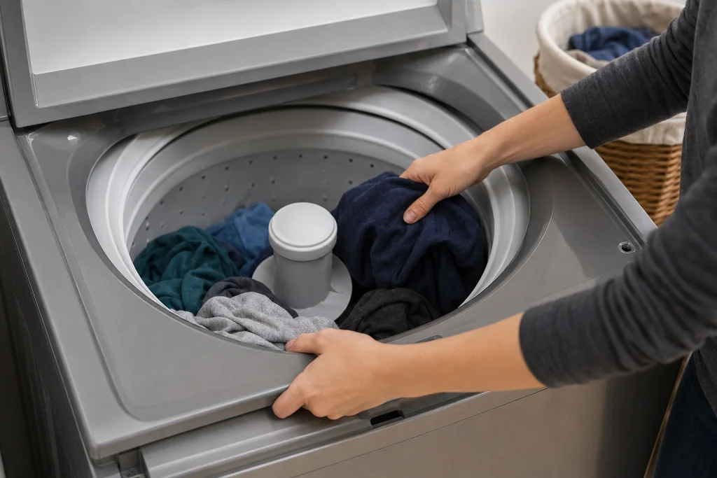 Person redistributing clothes evenly inside a top-loading Maytag washer to fix a sensing cycle issue caused by an unbalanced load