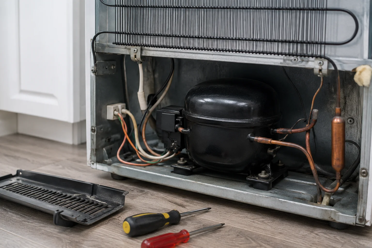 Rear view of a refrigerator with the access panel removed, showing the compressor and condenser components during troubleshooting for a refrigerator compressor running but not cooling.