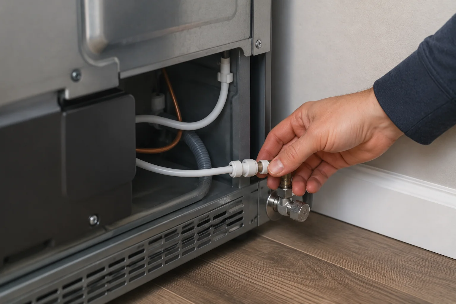 Hand inspecting the water supply line connection behind a refrigerator near the shutoff valve