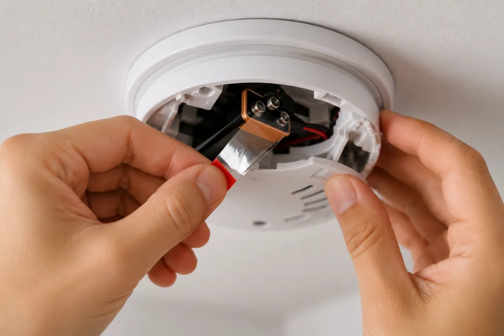 Hand removing a plastic battery pull tab from a ceiling-mounted smoke detector during battery installation.