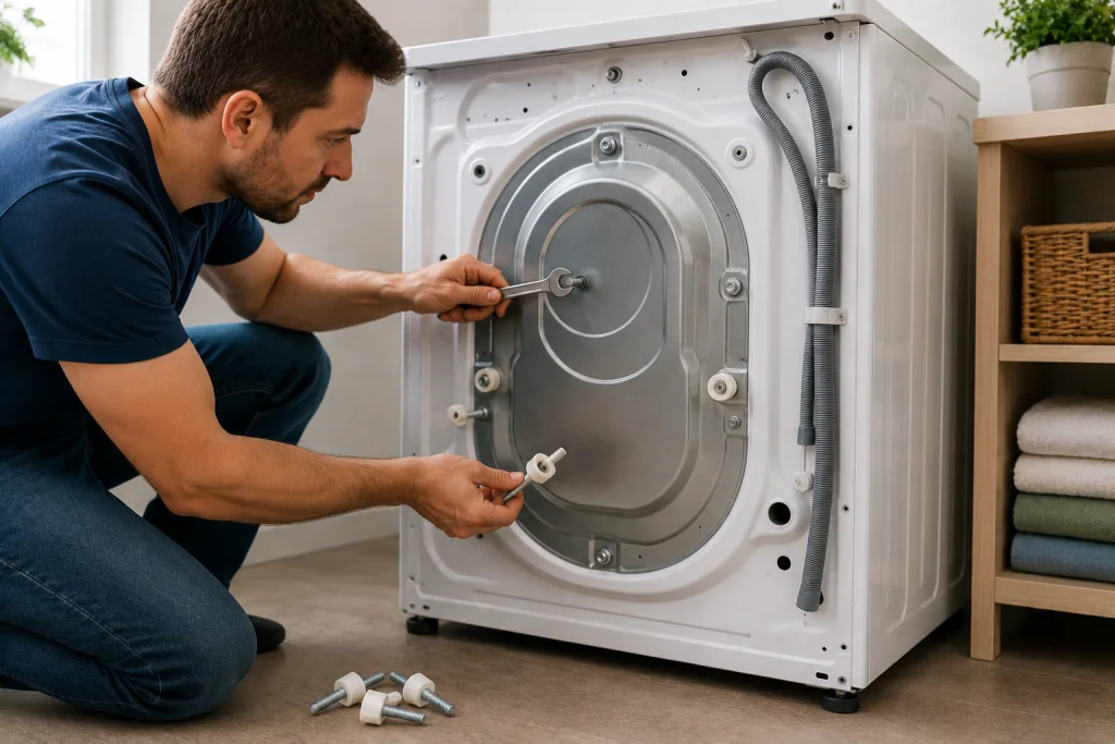 Person removing shipping bolts from the back of a front-load washing machine during installation to prevent excessive shaking and vibration