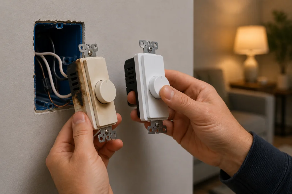 Homeowner replacing an old damaged dimmer switch with a new dimmer switch inside a wall electrical box during a residential lighting repair.