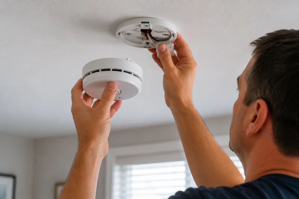 Homeowner installing a new ceiling-mounted smoke detector to replace a faulty or aging unit and restore reliable fire protection.