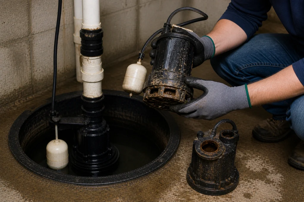 Homeowner inspecting an old worn sump pump during replacement and basement sump pump troubleshooting