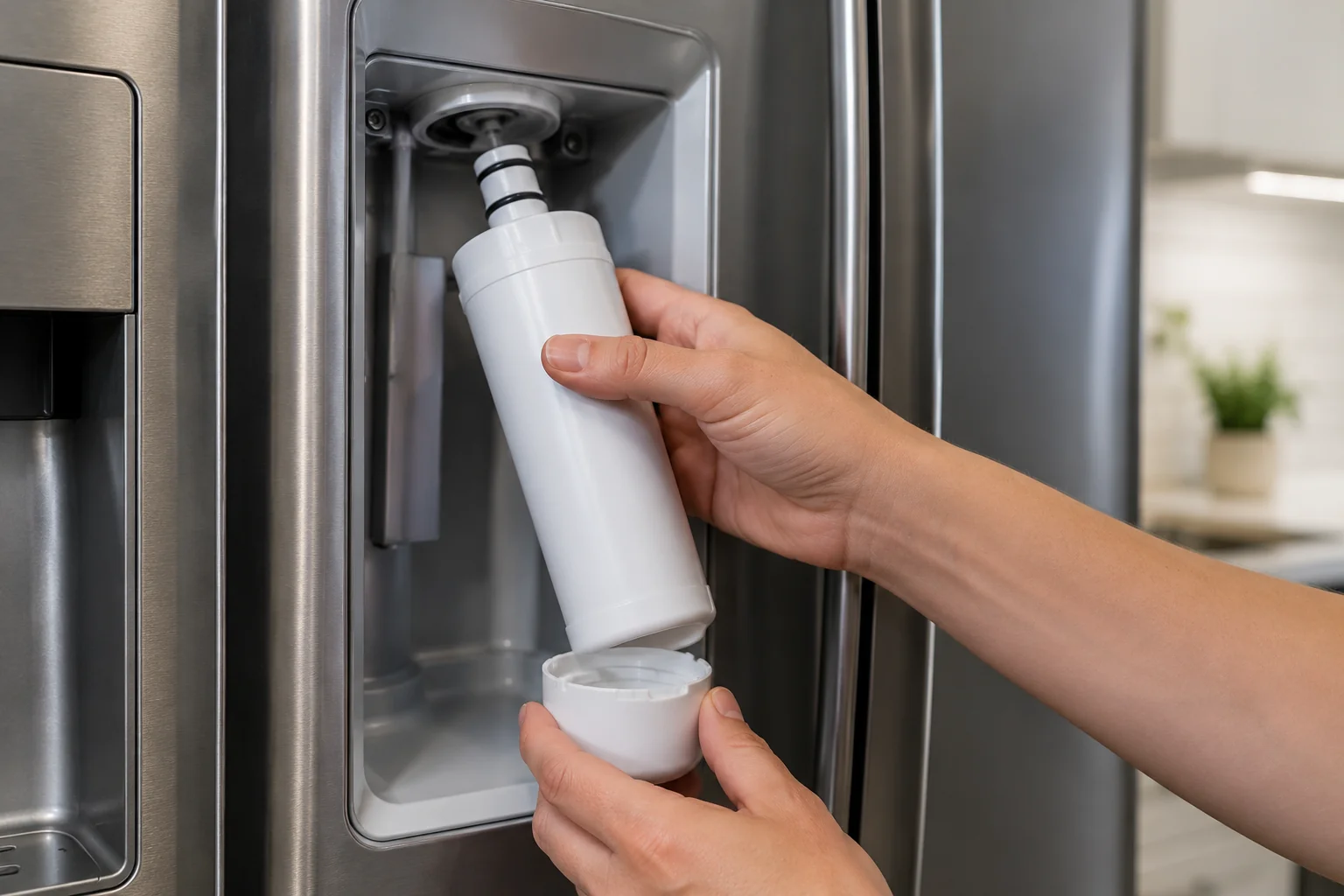 Hands replacing a water filter inside a modern refrigerator in a kitchen for refrigerator water dispenser not working