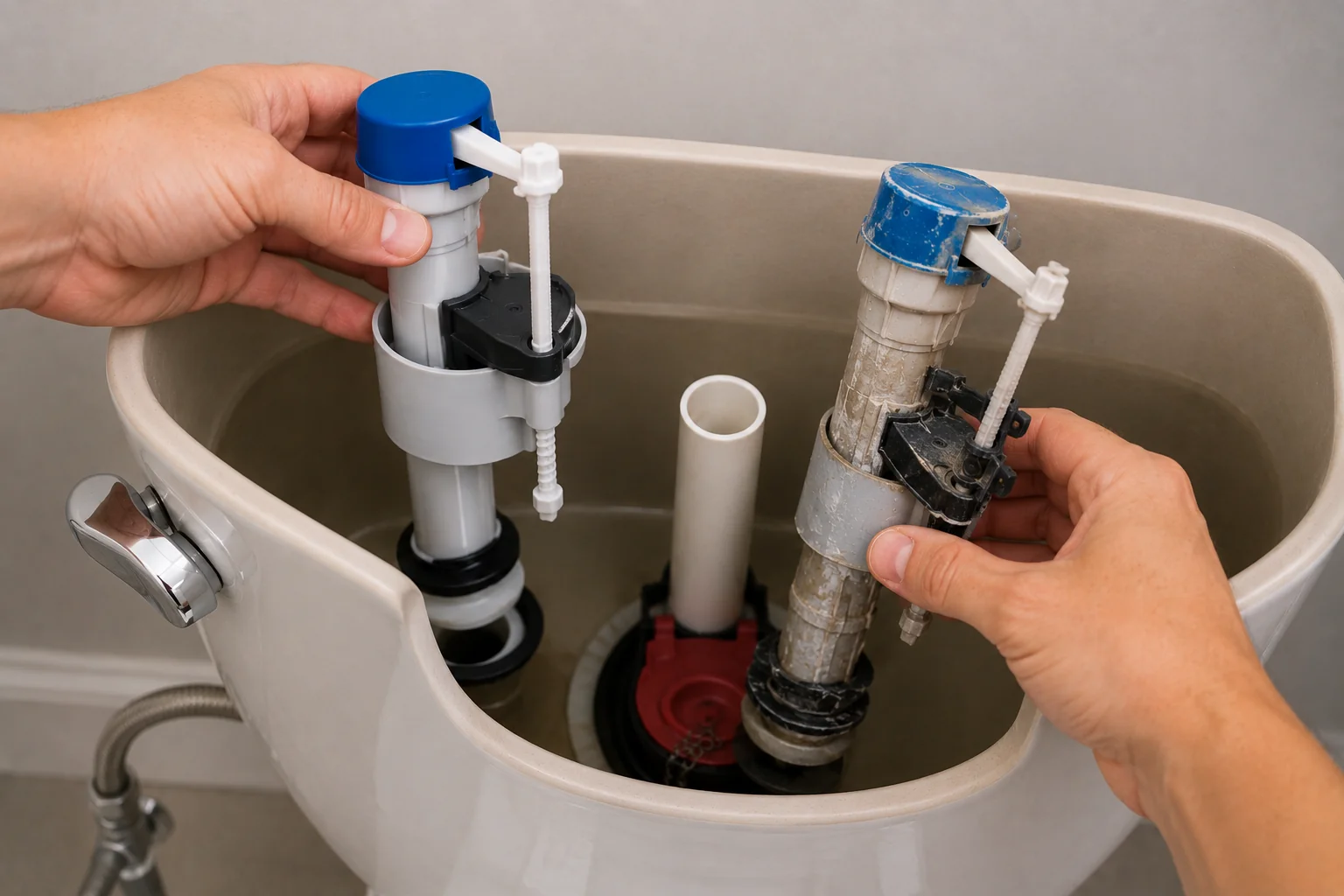 Hands replacing an old toilet fill valve with a new fill valve inside an open residential toilet tank during plumbing repair