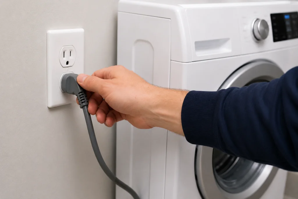 Person pressing buttons on a front-loading washing machine control panel while resetting the washer during a drainage troubleshooting repair.