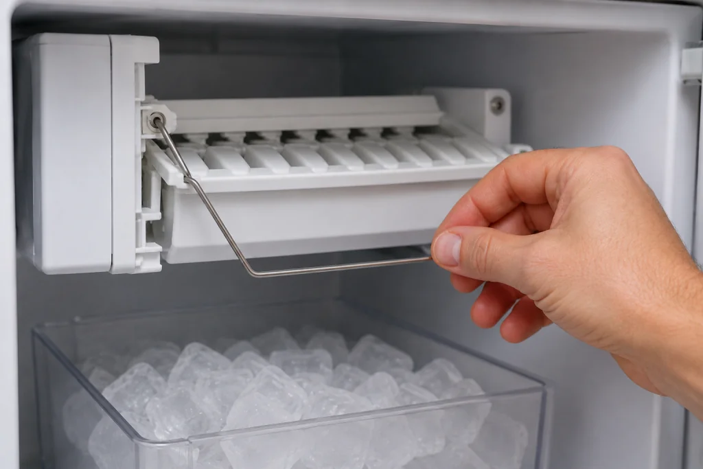 Homeowner resetting refrigerator ice maker mechanism inside freezer compartment to restore normal ice production and operation