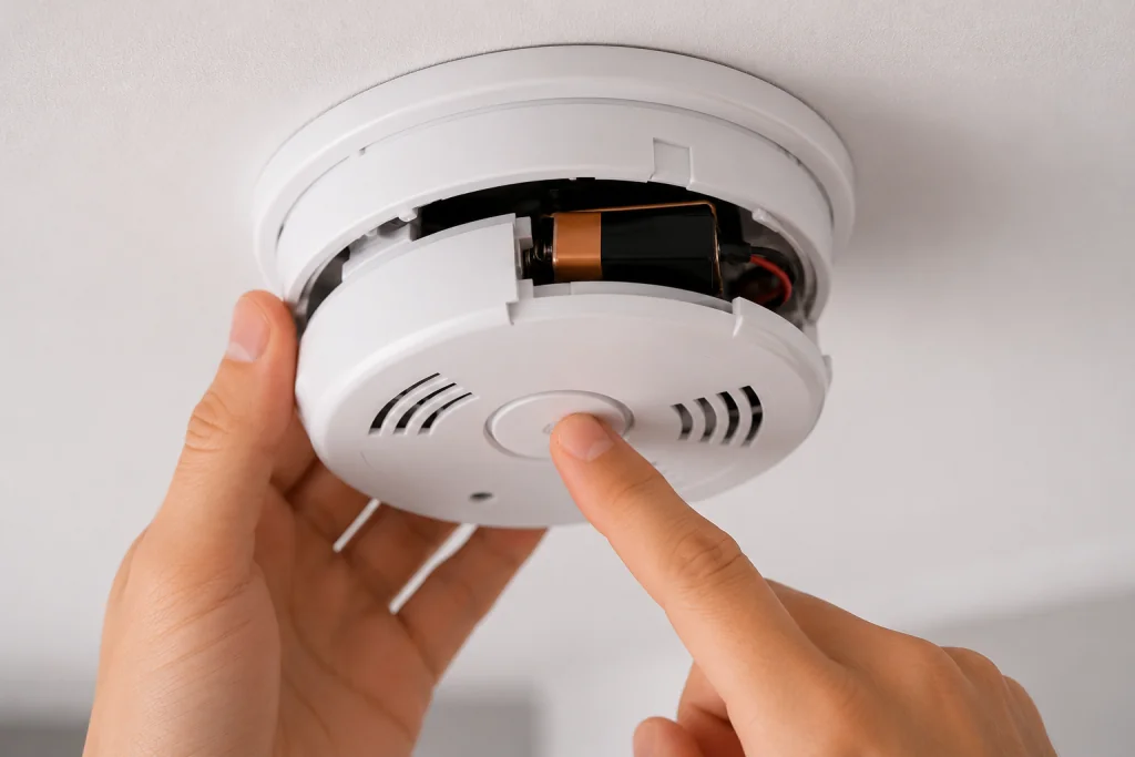 Person pressing the test button on a ceiling-mounted smoke detector to perform a full reset after replacing the battery.