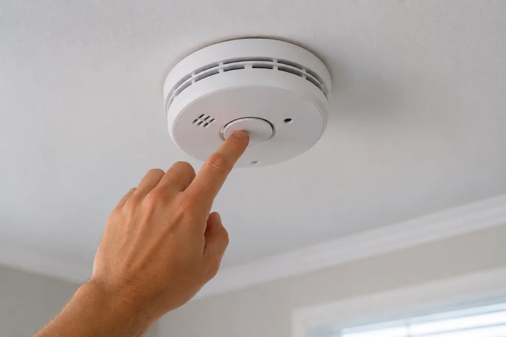 Homeowner pressing the test and reset button on a ceiling-mounted smoke detector to restore normal operation after a false alarm or battery replacement.