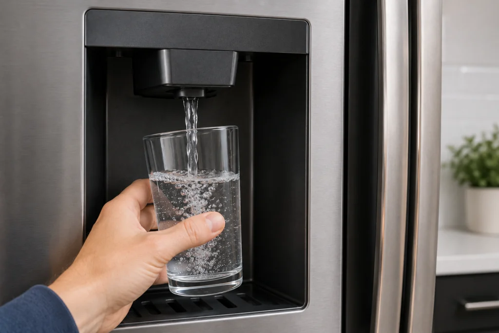 Glass being filled with water from a Whirlpool refrigerator dispenser while testing a newly installed water filter for proper flow