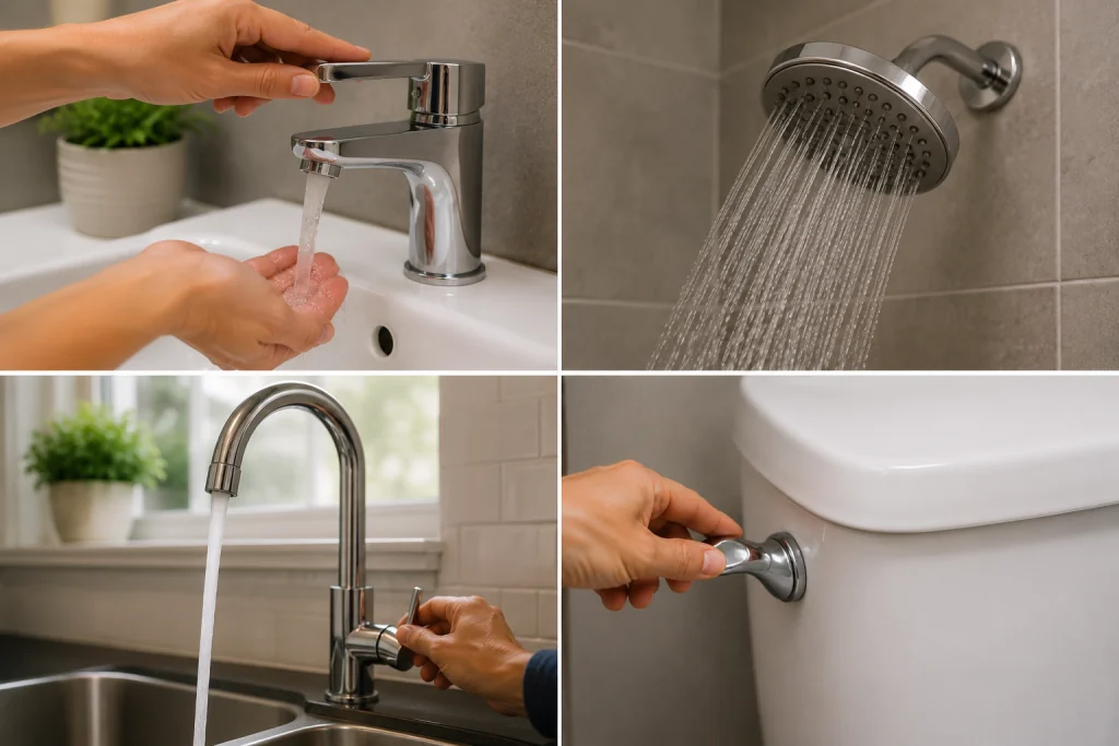 Collage of a homeowner testing multiple plumbing fixtures including sinks, shower, and toilet to diagnose low water pressure problems in a home