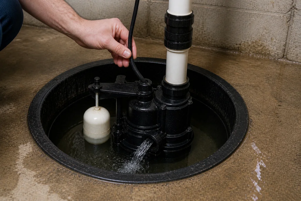 Homeowner manually testing a basement sump pump by activating the float switch and checking water flow inside the sump pit