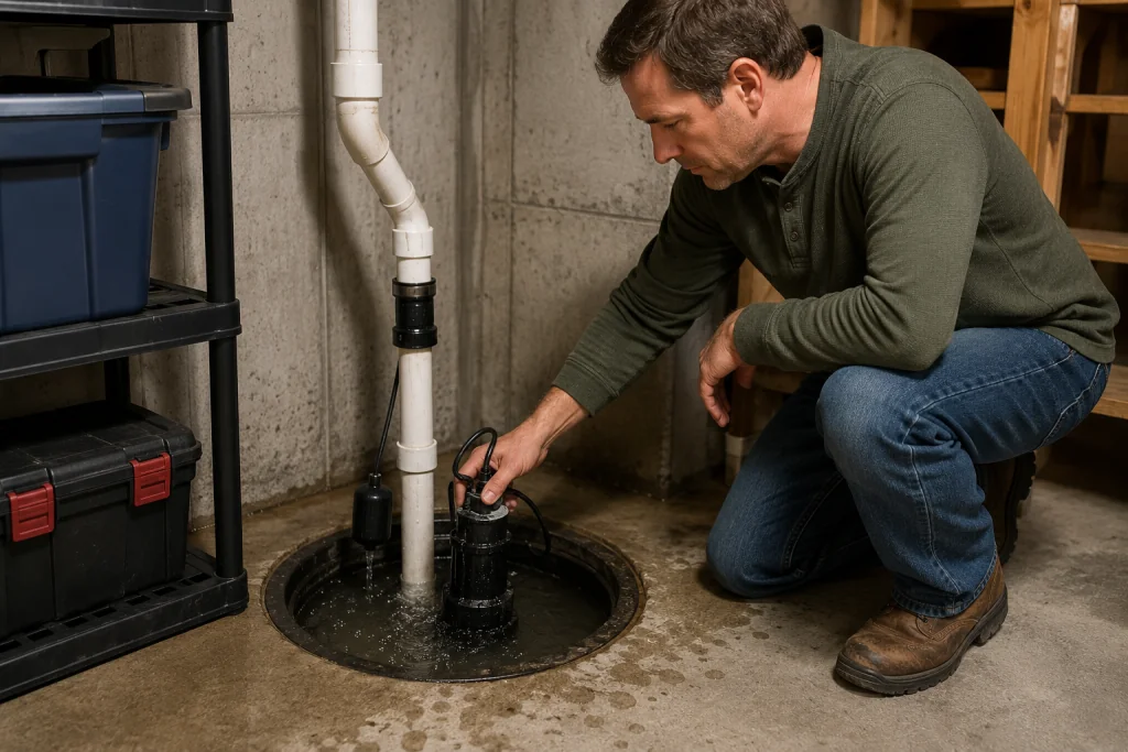 Testing residential sump pump in basement during fall home maintenance before winter weather and heavy rain season