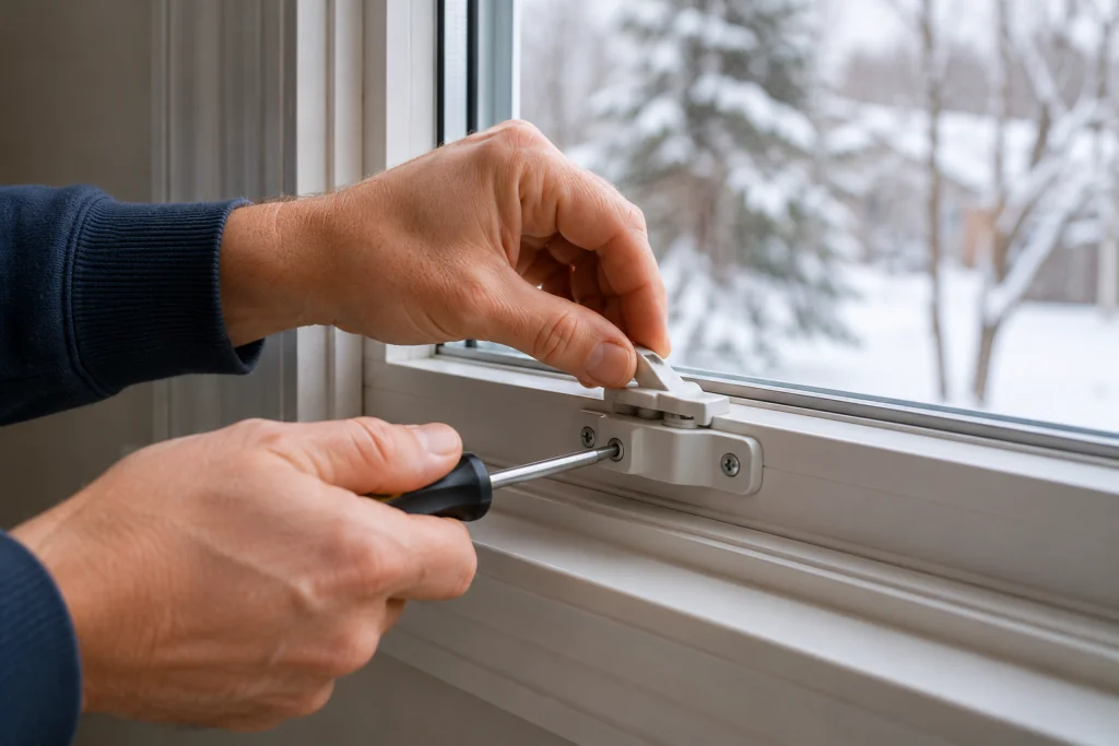 Tightening a residential window lock with a screwdriver to improve window sealing and reduce winter air drafts