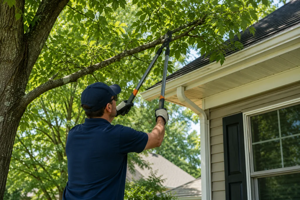 Homeowner trimming overgrown tree branches near roofline during exterior home maintenance