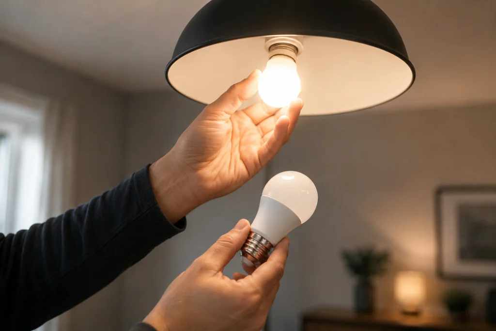 Homeowner testing a light bulb in a ceiling fixture while holding a replacement LED bulb to verify proper operation during Dimmer Switch Not Working.