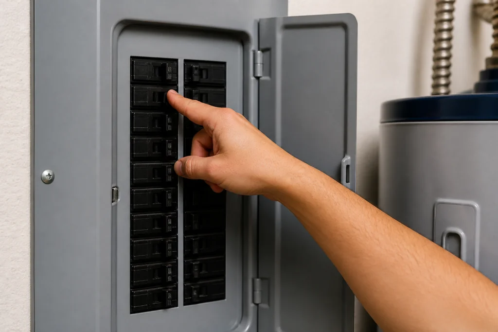 hand resetting circuit breaker for electric water heater power supply check