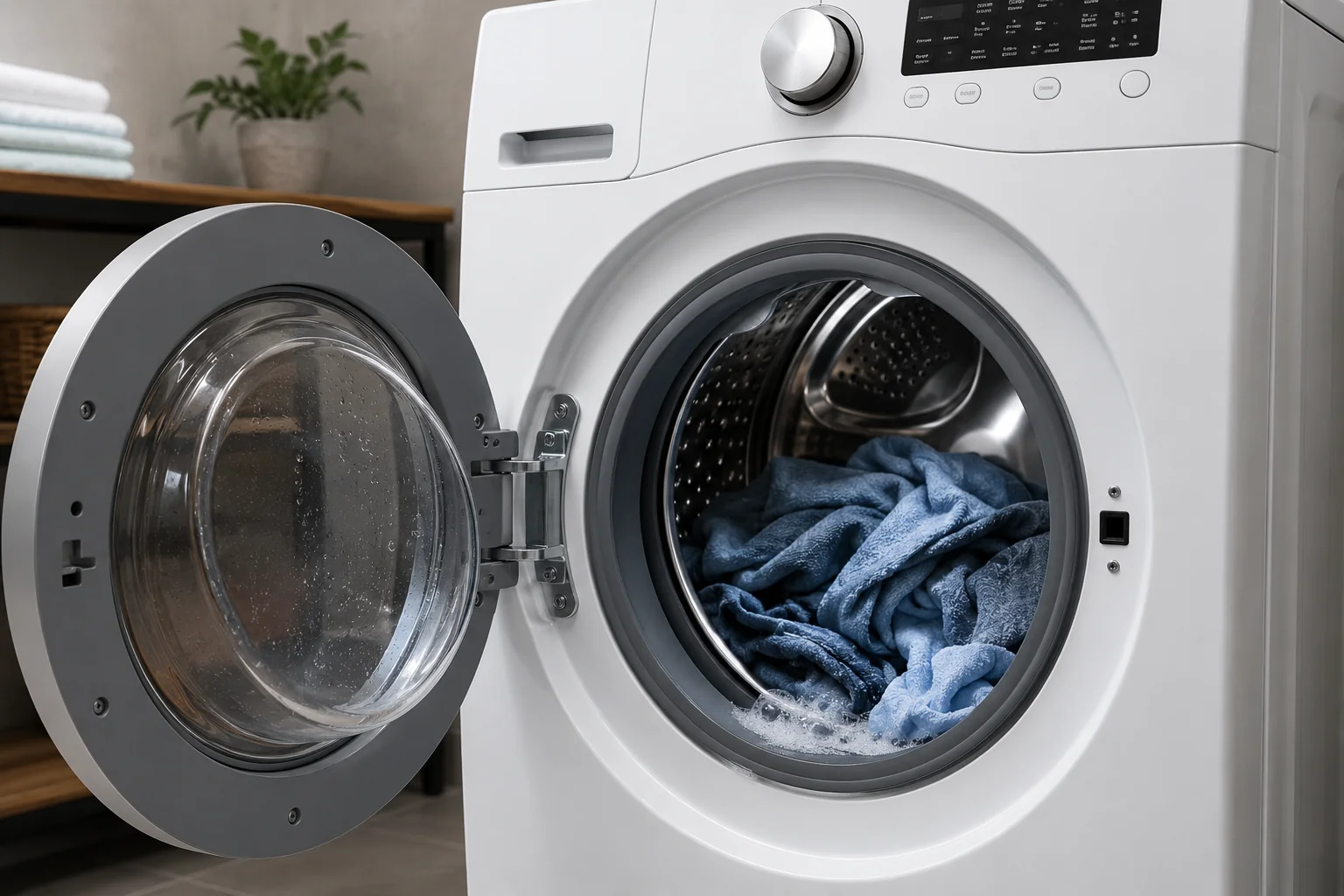 Front-loading washing machine with the door open and wet clothes inside in a modern laundry room, representing a Whirlpool washer F9 E1 long drain error troubleshooting guide.