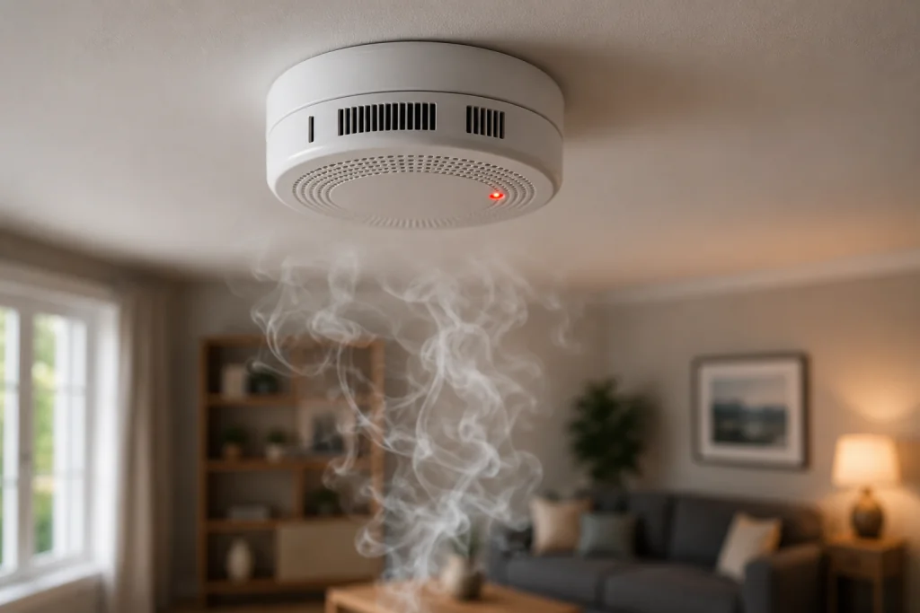 Ceiling-mounted smoke detector sensing visible smoke in a residential living room, demonstrating the importance of early fire detection and home safety for Best Smoke Detectors.